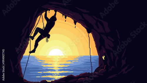 Adventurous rock climber in cave at sunset with ocean view in pixel art style