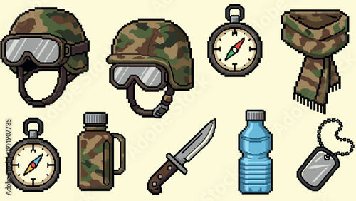 Pixel art military gear collection with camouflage accessories