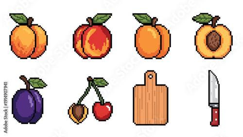 Retro pixel art set of fruits, chopping board, and knife