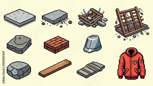 Pixel art building materials and objects including brick, wood, and jacket