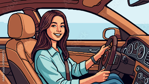 Smiling woman driving a car in retro style illustration