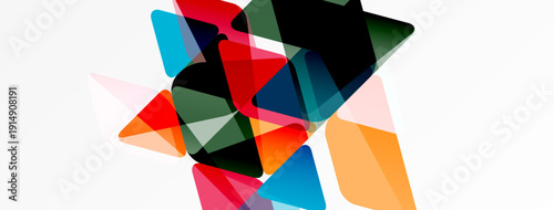 Abstract composition features overlapping translucent shapes. Colors include red, orange, blue, black, green. Minimalist design, modern aesthetic.