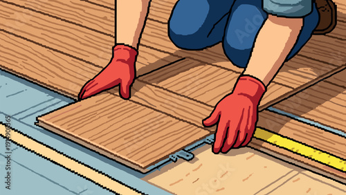 Installing wooden flooring with red gloves in detailed cartoon style