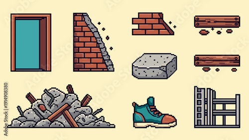 Retro pixel art of construction elements and urban decay objects