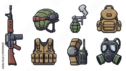Pixel art military equipment collection with rifle and helmet designs