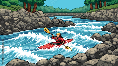 Kayaker navigating rapids in scenic river with rocks and trees in retro pixel art style