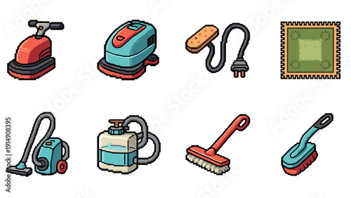 Pixel art cleaning tools collection: vacuum, scrubber, brush, and more