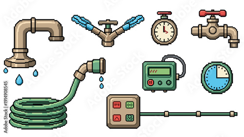 Retro pixel art collection of plumbing and gardening tools with timer and water drops