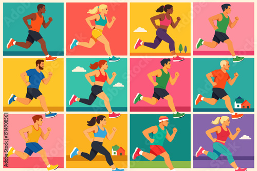 Vibrant Grid Illustration of Diverse People Running. Collection of Men and Women Jogging, Engaging in Fitness and Healthy Lifestyle.
