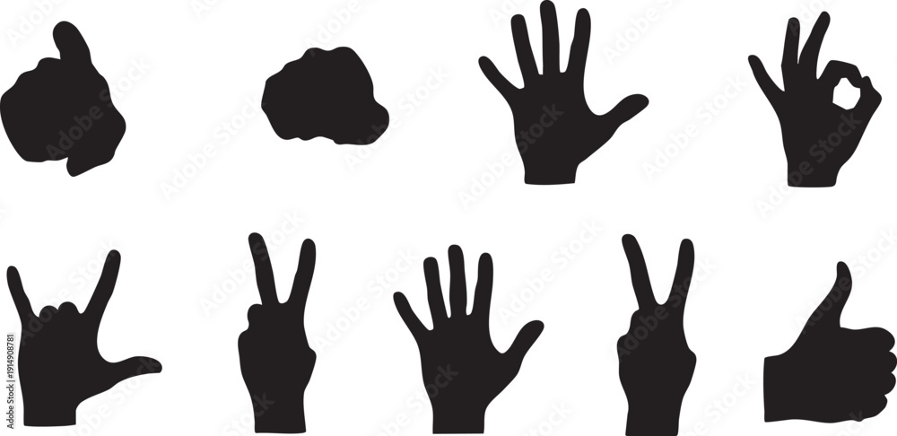 Fototapeta premium Black silhouettes of hands making different gestures on white background thumbs up peace signs