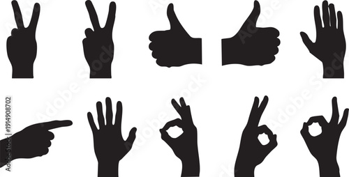 Black silhouettes of hands making different gestures on white background hand silhouettes