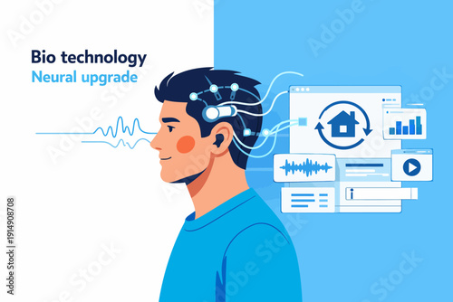 Biotechnology Neural Upgrade. Man with BCI Connected to Digital Interface for Smart Automation and Cognitive Enhancement Monitoring.