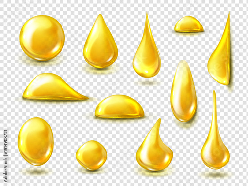  golden droplets and oil splashes on a transparent background
