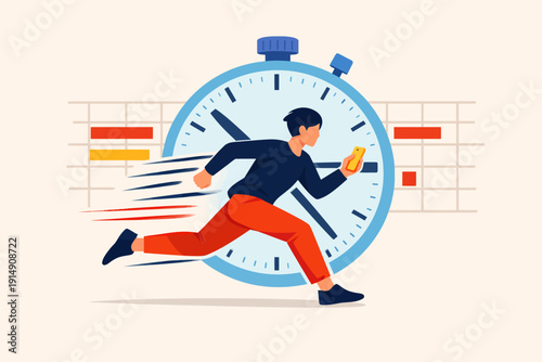 Fast Time Management and Deadline Efficiency. Man Running with Smartphone Against Stopwatch and Project Schedule. Modern Productivity and Urgency Concept.