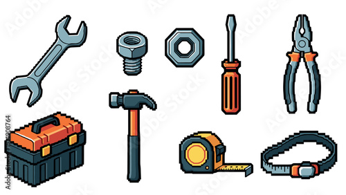 Pixel art tools collection: wrench, hammer, screwdriver, and more in retro style