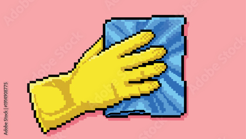 Pixel art: yellow glove cleaning with blue cloth on pink background
