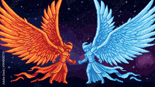 Fiery red and cool blue winged figures meeting in cosmic pixel art