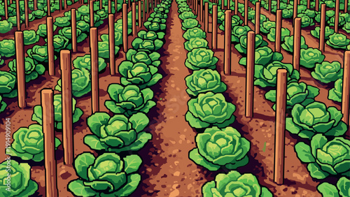 Colorful pixel art cabbage farm with green rows and wooden stakes