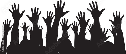 Black silhouettes of raised hands white background
