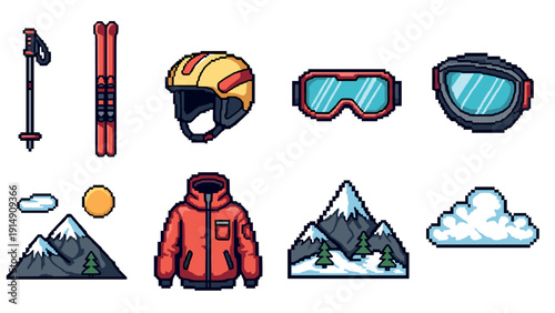 Pixel art winter sports gear and mountain icons collection