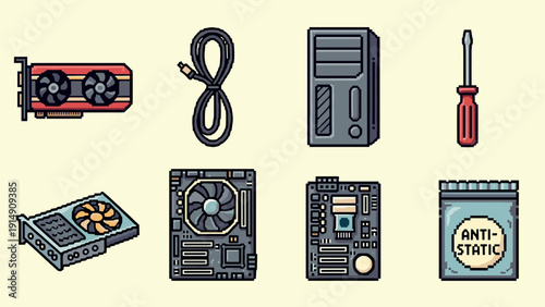 Retro pixel art computer parts: graphics card, cpu, motherboard, and accessories