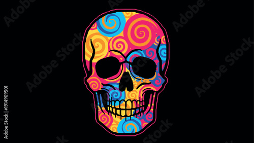 Colorful psychedelic skull with vibrant swirls on black background