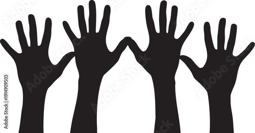 Four black silhouetted hands raised with palms facing forward silhouettes raised hands palms forward