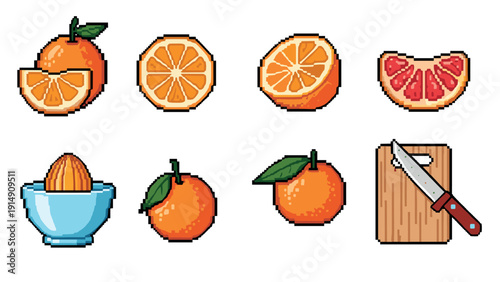 Pixel art citrus collection: oranges and grapefruits with juicer and cutting board