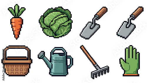 Retro pixel garden tools: carrot, cabbage, and gardening essentials