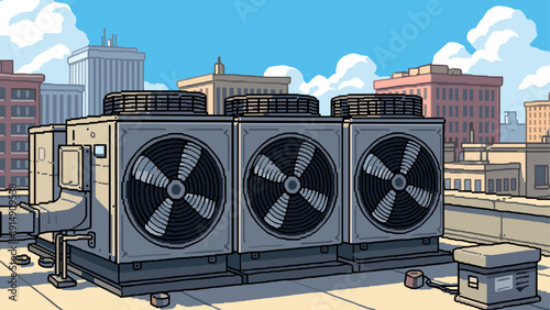Pixel art air conditioning units on rooftop in cityscape setting