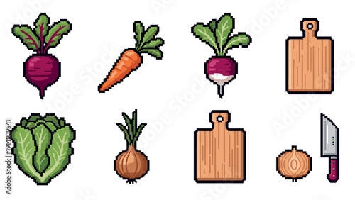 Pixel art vegetables with cutting boards and knife isolated on white background