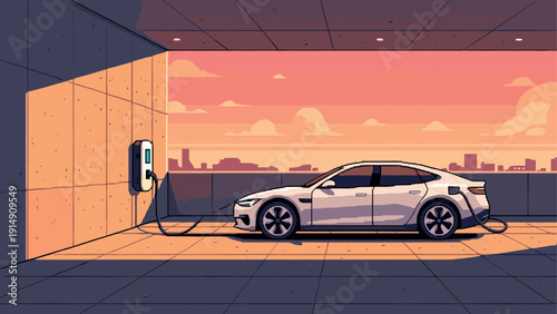 Electric car charging in retro pixel art cityscape at sunset