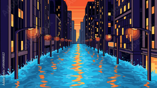 Neon city flood at sunset with retro pixel art style and vibrant colors