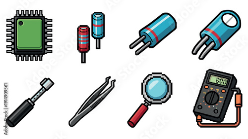 Colorful pixel art electronics and tools set with microchips and capacitors