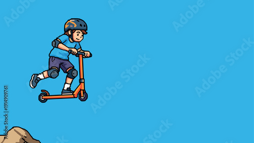 Pixel art boy performing scooter trick against blue sky