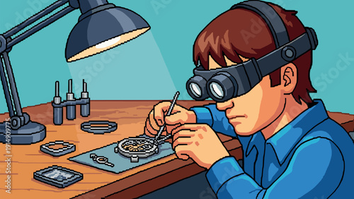 Pixel art watchmaker working under lamp with precision tools and goggles