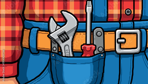 Cartoon mechanic toolkit: wrench and screwdriver in denim pocket