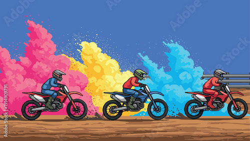 Pixel art motocross riders with vibrant colorful powder in dynamic race