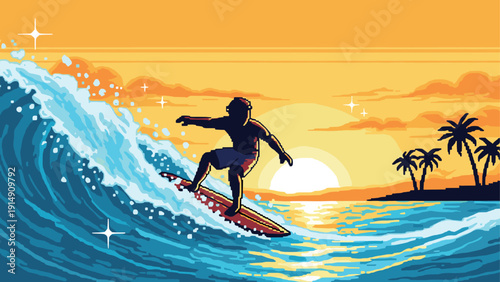 Surfer riding waves at sunset in vibrant pixel art style