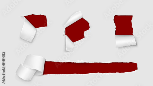 A creative illustration of torn red paper with white curls on a light gray background