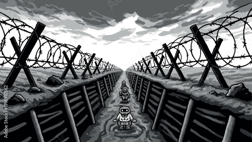 Monochrome pixel art soldiers in trench with dramatic sky and barbed wire
