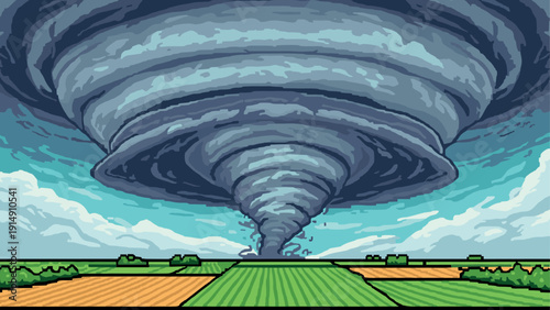 Pixel art tornado over farmland with clear sky and puffy clouds