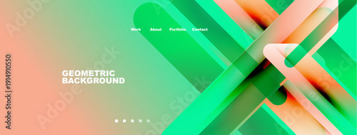 Abstract geometric design. Vibrant green, pink hues create modern website header. Text displays menu options, title.