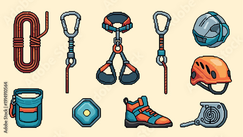 Pixel art climbing gear set: harness, helmet, rope, and carabiner essentials