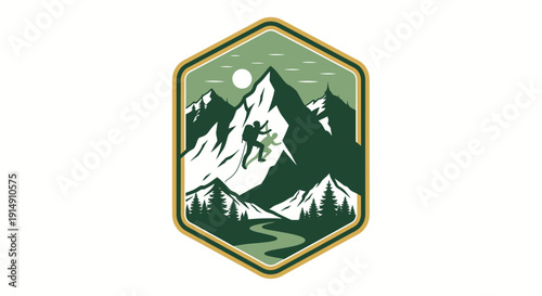 Mountain climbing adventure badge with scenic landscape.