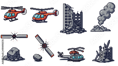 Pixel art helicopter and ruins icons pack for game design