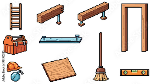 Pixel art construction tools and materials collection for builders and diy projects