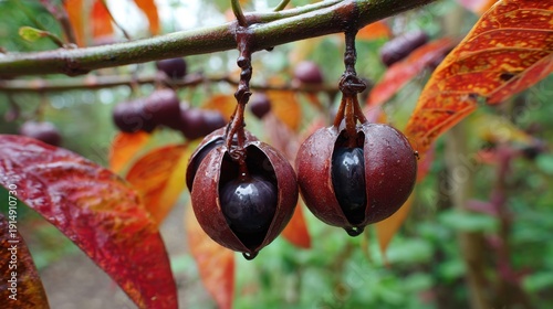 Two ripening croton nuts with dark seeds hang from a woody branch in autumn, showcasing natural detail.