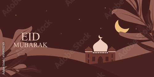 Eid Mubarak modern design with mosque, building, crescent moon in brown color.  Ramadan Kareem banner, poster, greeting card, cover design in trendy warming brown colors background.
