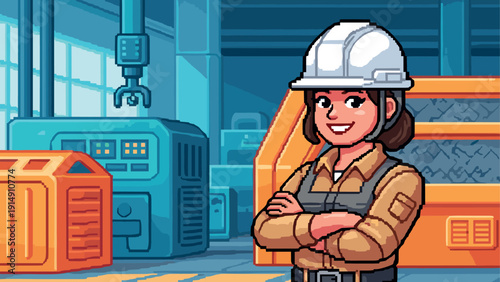 Confident female engineer in hard hat at industrial factory setting in retro pixel art style